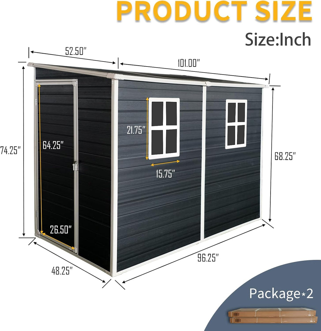 Resin Outdoor Storage Shed with Floor (8 x 4 Ft),All Weather Outdoor Tool House,Windows,Lockable Doors,Organization for Home/Backyard/Garden Tools/Lawn Mower/Bike Storage/Pool Supplies