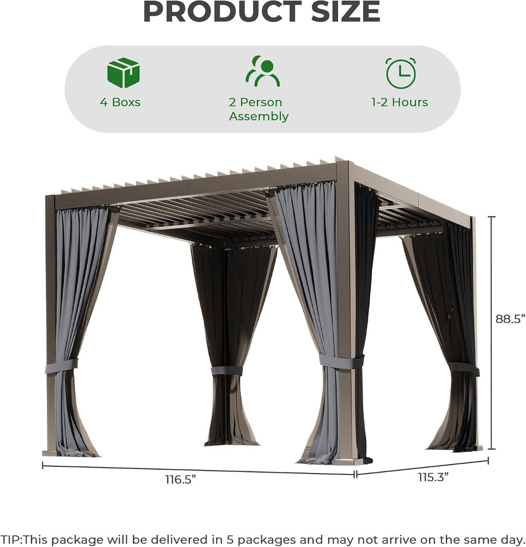 10×10 FT Aluminum Louvered Pergola, Outdoor Metal Pergola with Adjustable Waterproof Louvered Roof, Outdoor Gazebo with Curtains & Nets for Patio, Backyard, Garden (Grey)
