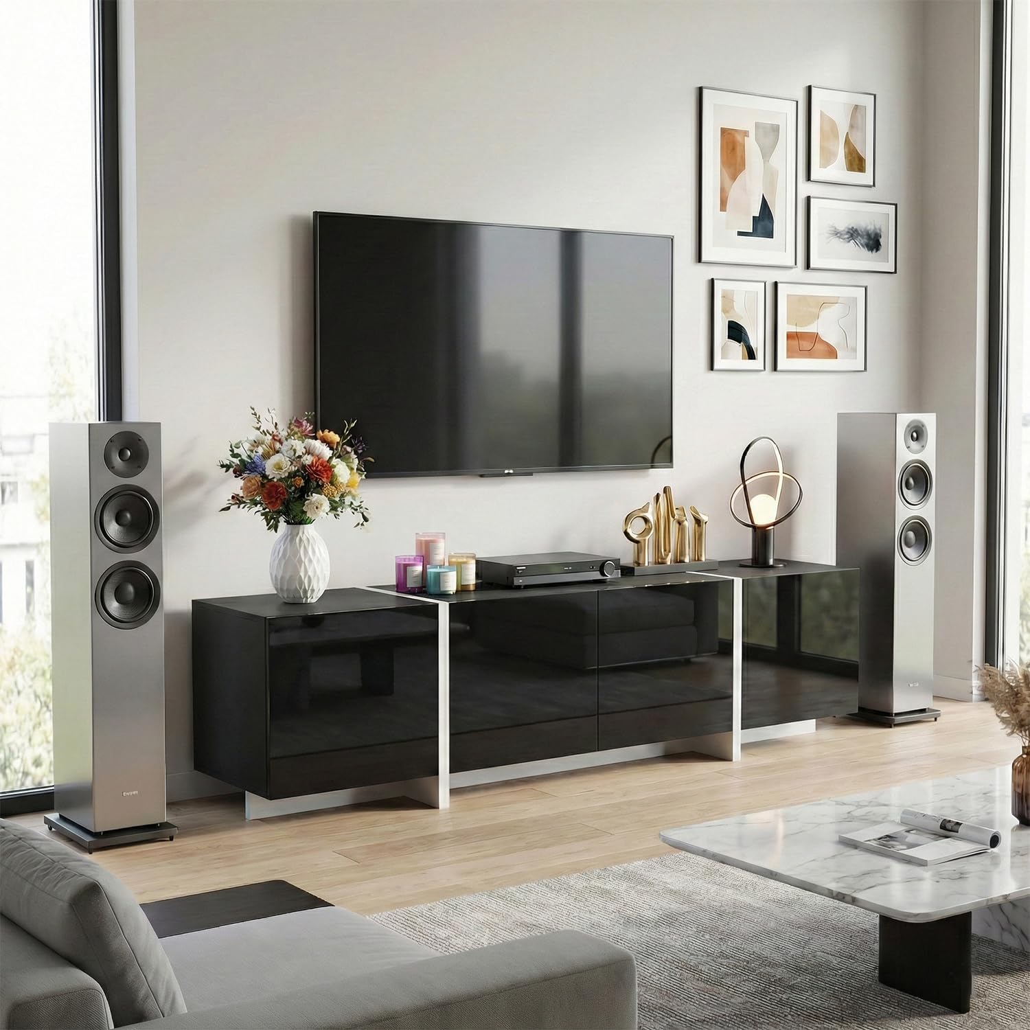 holzart 67' Modern Black TV Stand up to 70 Inch TV, Media Console with High Gloss Doors & Scratch-Resistant Matte Top, Entertainment Center with Cable Management & Storage Cabinet for Living Room