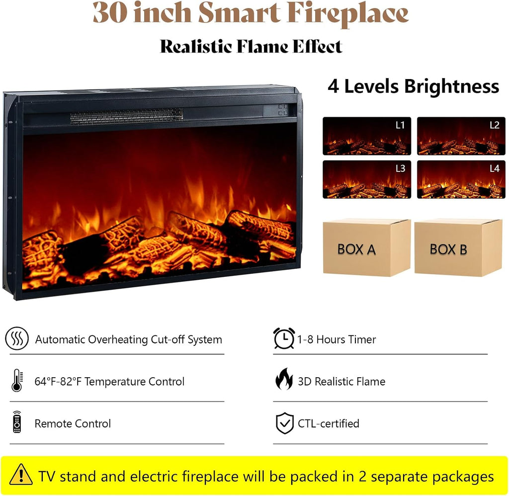 AMERLIFE 70' Fireplace TV Stand with Mount, Farmhouse Entertainment Center with 30' Electric Fireplace & Power Outlets for 32 to 70 inch TVs, Black Oak