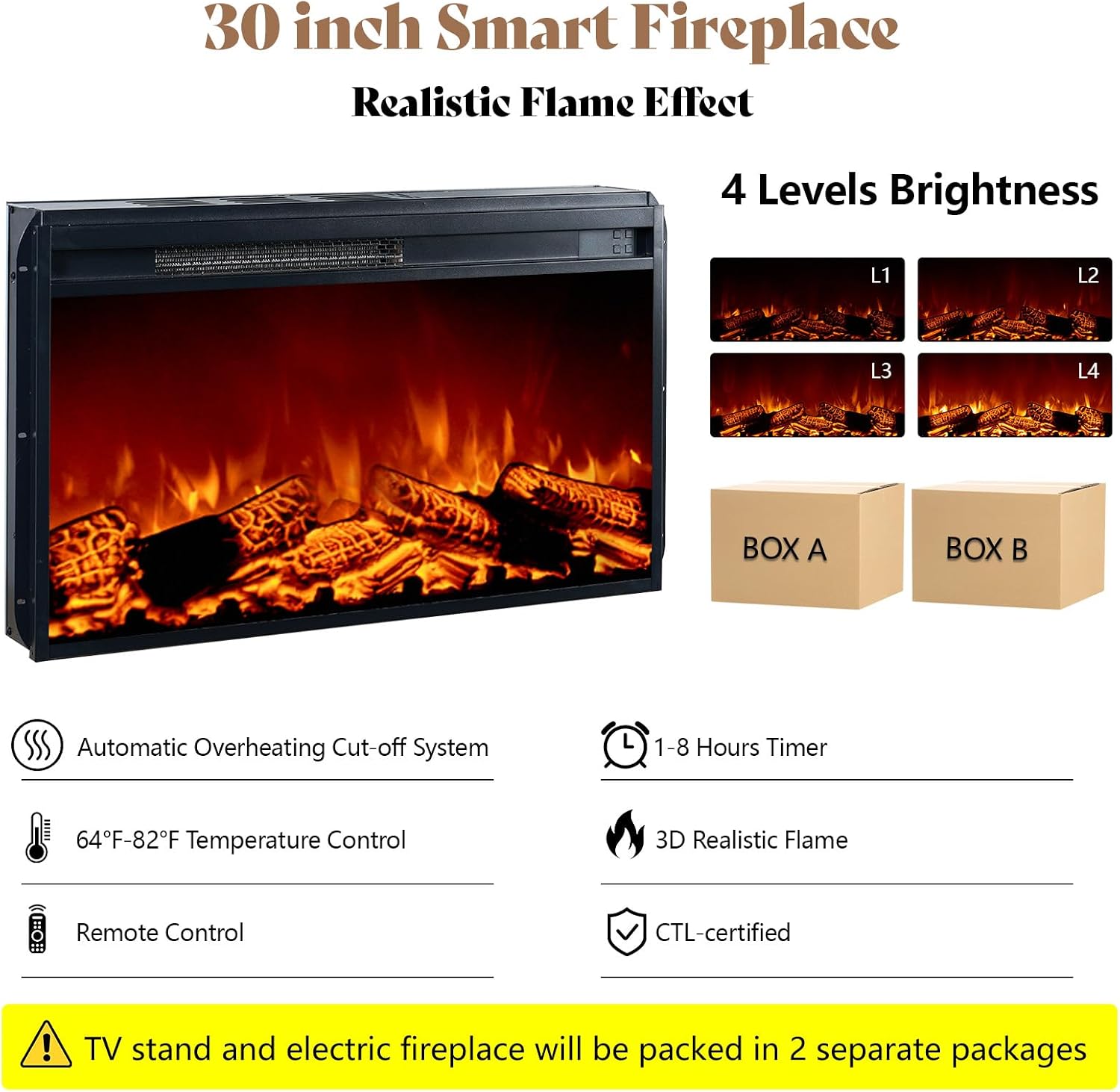 AMERLIFE 70' Fireplace TV Stand with Mount, Farmhouse Entertainment Center with 30' Electric Fireplace & Power Outlets for 32 to 70 inch TVs, Black Oak