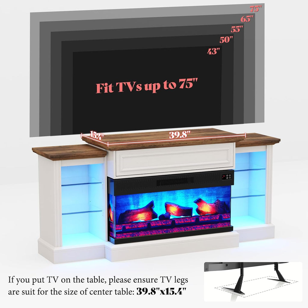 AMERLIFE 70' Fireplace TV Stand with Mantel, Farmhouse Wood Entertainment Center with 3-Sided Glass Fireplace for TVs up to 75', Adjustable Shelves & LED Lights, Distressed White