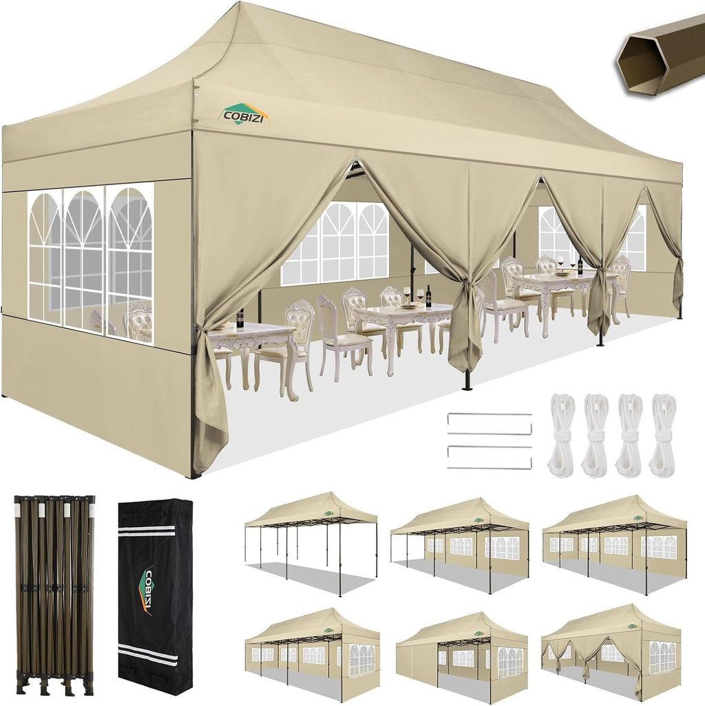COBIZI 10x30 Heavy Duty Party Tent, Commercial 10x30 pop up Canopy for Parties Waterproof Gazebos with 8 Sidewalls, All Season Wind & Waterproof UPF50+,Stable Thickened Frame, Khaki