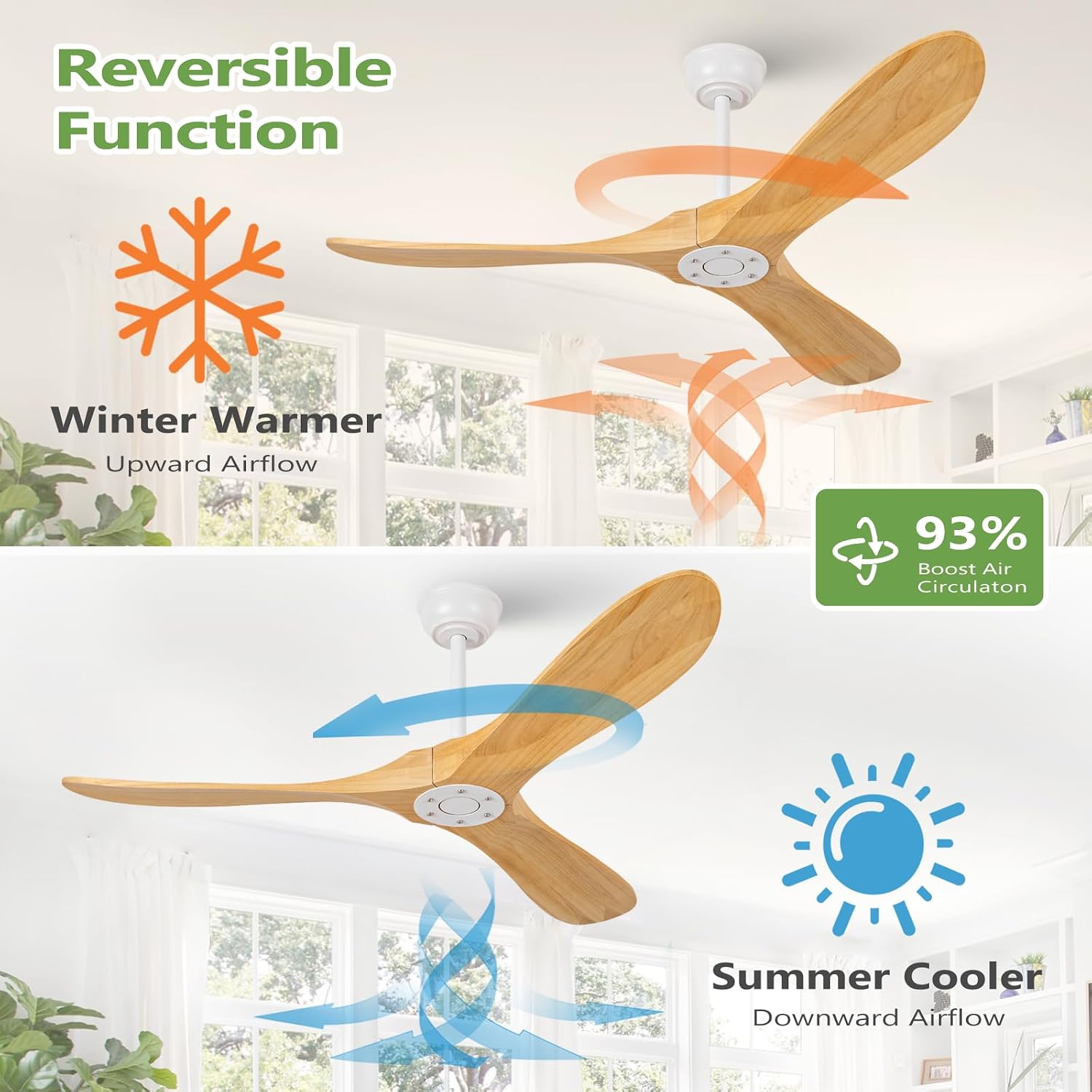52 Inch Natural Wood Ceiling Fan No Light,Propeller Outdoor Ceiling Fans Without Lights with Wall Switch and Remote Control,Quiet DC Motor,3 Blades Ceiling Fan for Patios,Pavilion,Solid Wood