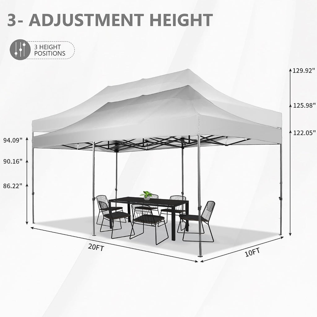 GDY 10x20 ft Instant Pop up Canopy, Folding Heavy Duty Height Adjustable Shelter Gazebos with Wheeled Bag,White.