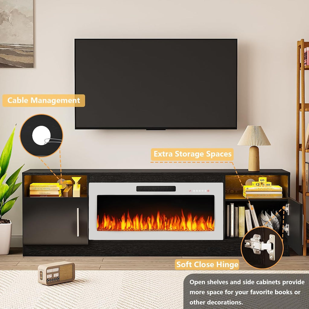TAVATA 70' Fireplace TV Stand, Modern LED Light Entertainment Center with Storage and 36' Fireplace, Media TV Console for TVs Up to 80', Fire Place TV Stands for Living Room, Black+White