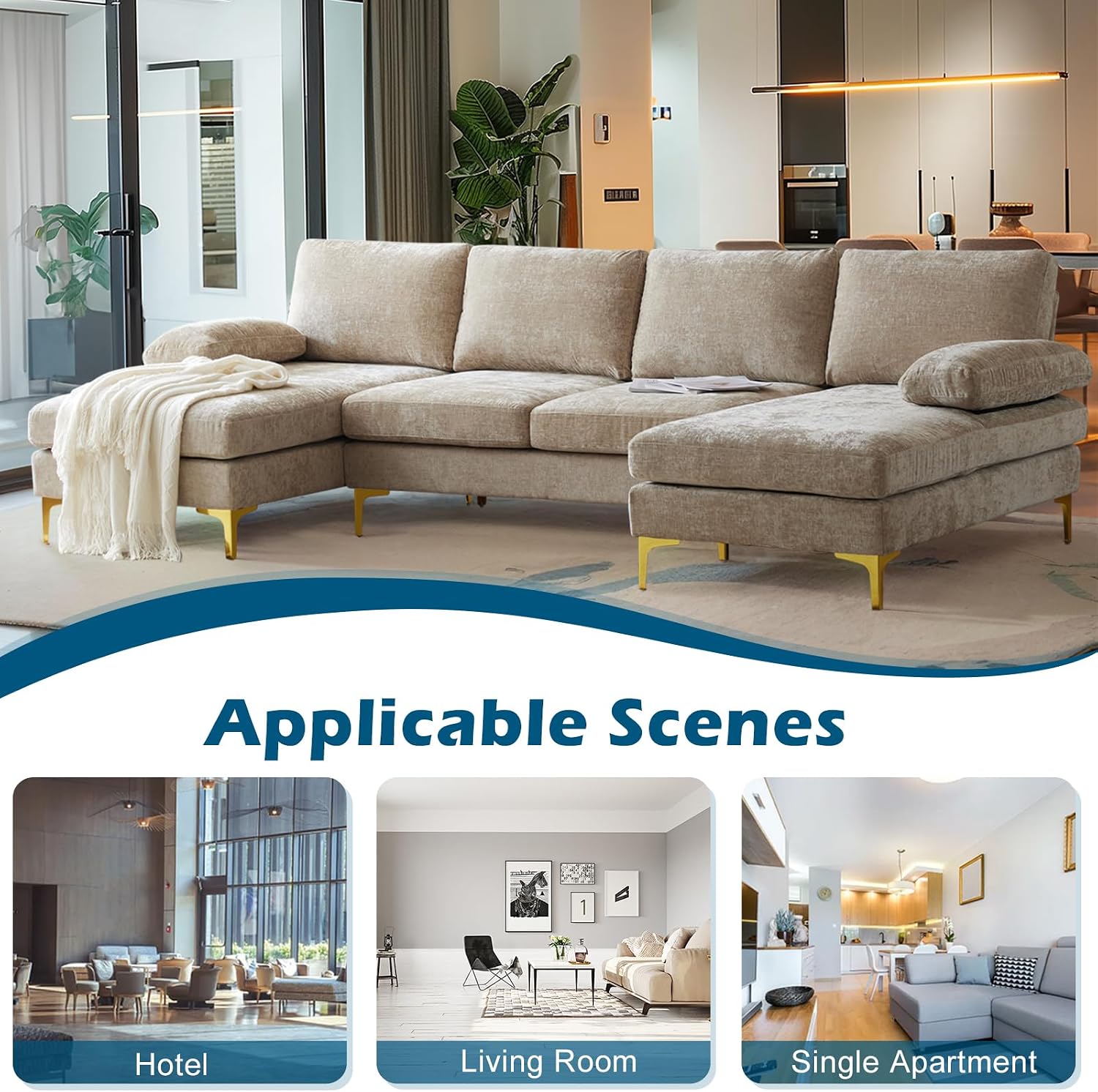 VINGLI 110' Large U-Shape Sectional Sofa Couch with 51' D Double Chaise for Living Room, Modern Sectional Couch Set with Soft 5.9' Thickness Seating Padding, Chenille Fabric,Metal Gold Legs(Khaki)
