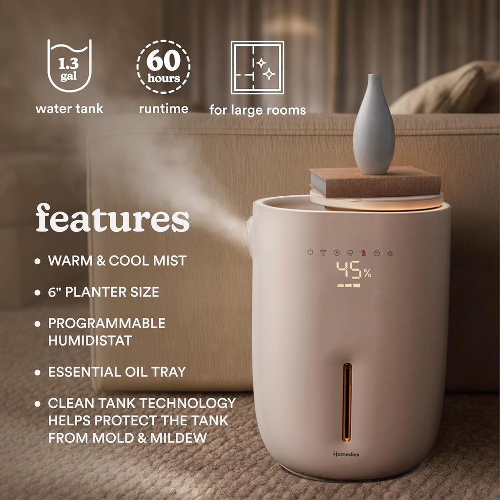 Homedics Natura Ultrasonic Warm & Cool Mist Humidifier, 1.3-Gal for Large Rooms, 60-Hr Runtime, Plant Holder, Programmable Humidity, Auto Shutoff, Nightlight Small Pot Compatible(Plant Not Included)