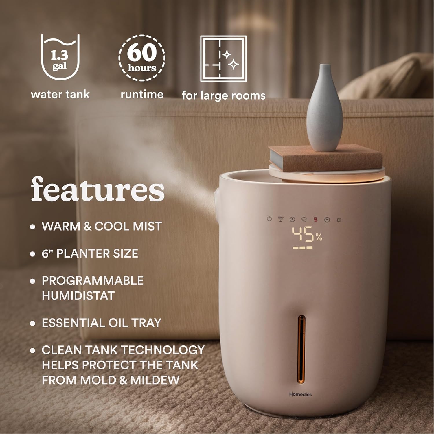 Homedics Natura Ultrasonic Warm & Cool Mist Humidifier, 1.3-Gal for Large Rooms, 60-Hr Runtime, Plant Holder, Programmable Humidity, Auto Shutoff, Nightlight Small Pot Compatible(Plant Not Included)