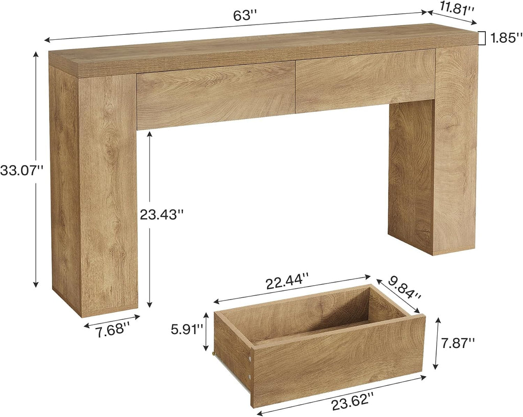 Tribesigns 63-Inch Wooden Console Table with 2 Hidden Drawers, Farmhouse Rustic Brown Sofa Table for Living Room, Hallway, Entrance, Foyer, Easy Assembly (Brown)