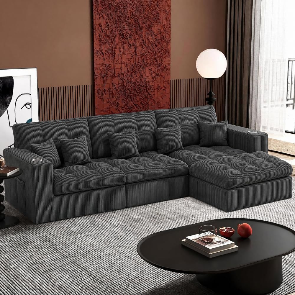 108' Modular Sectional Sofa, Cloud Sectional Couch with Deep Seat, Modern Modular L-Shape Sofa Couch with Chaise,Upholstered Couches for Living Room Bedroom (Dark Gray)