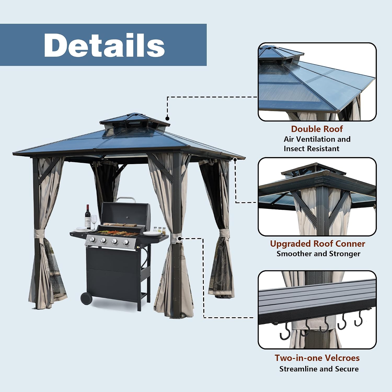 8x8ft Outdoor Grill Gazebo, Patio Gazebo for Grill with UV-Resistant Polycarbonate Roof & Storage Hooks for Backyard, Lawn, Garden, Grey