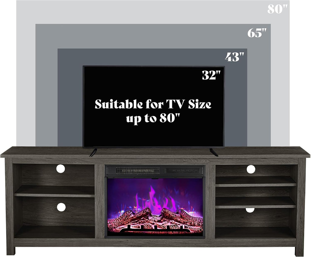 AMERLIFE Fireplace TV Stand, Wood Texture Entertainment Center with 23' Electric Fireplace, Farmhouse Entertainment Stand Media TV Console for TVs Up to 80', 70 inches, Rustic Grey