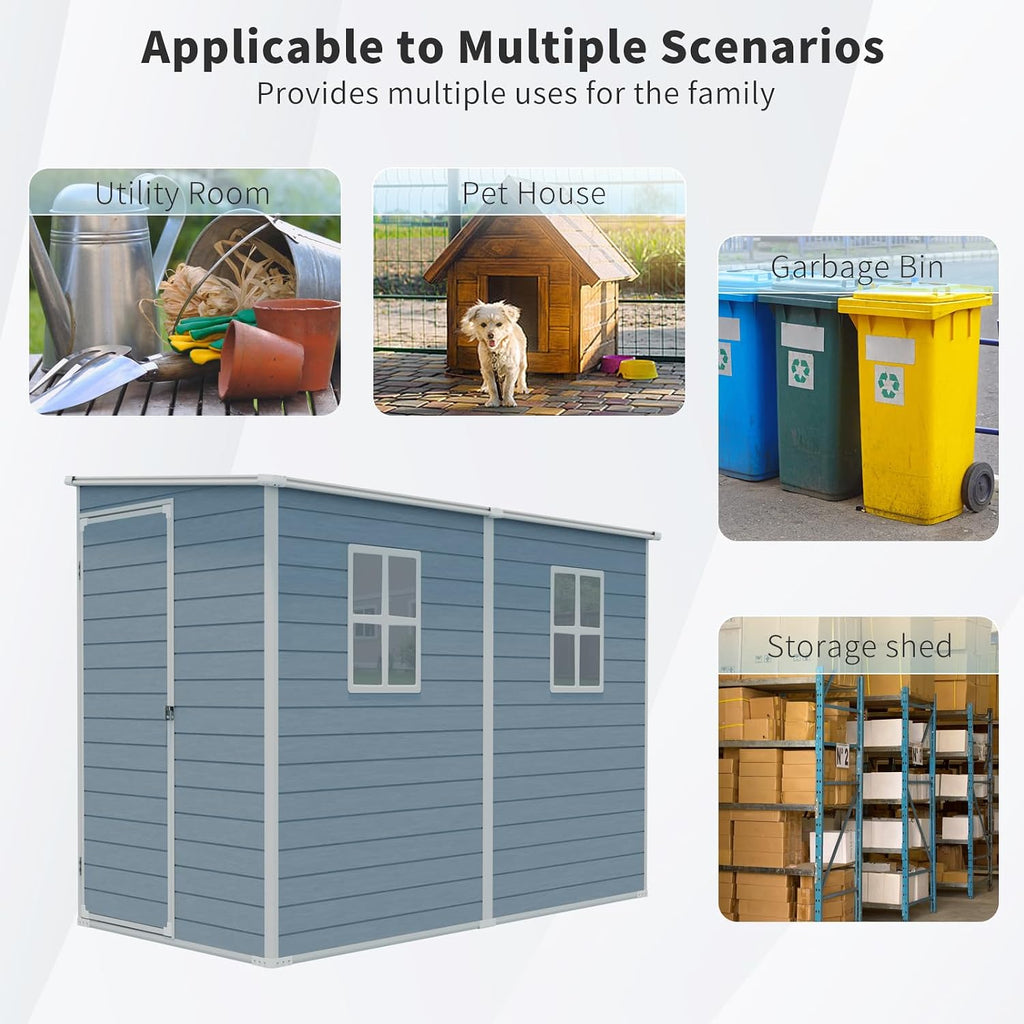 Storage Shed, 4x8ft Outdoor Storage Shed with Floor Included with 2 Windows and Lockable Door, Resin Sheds for House Garden Tools, Bike, Motorcycle, Lawn Mover, Lean to Shed, Grey