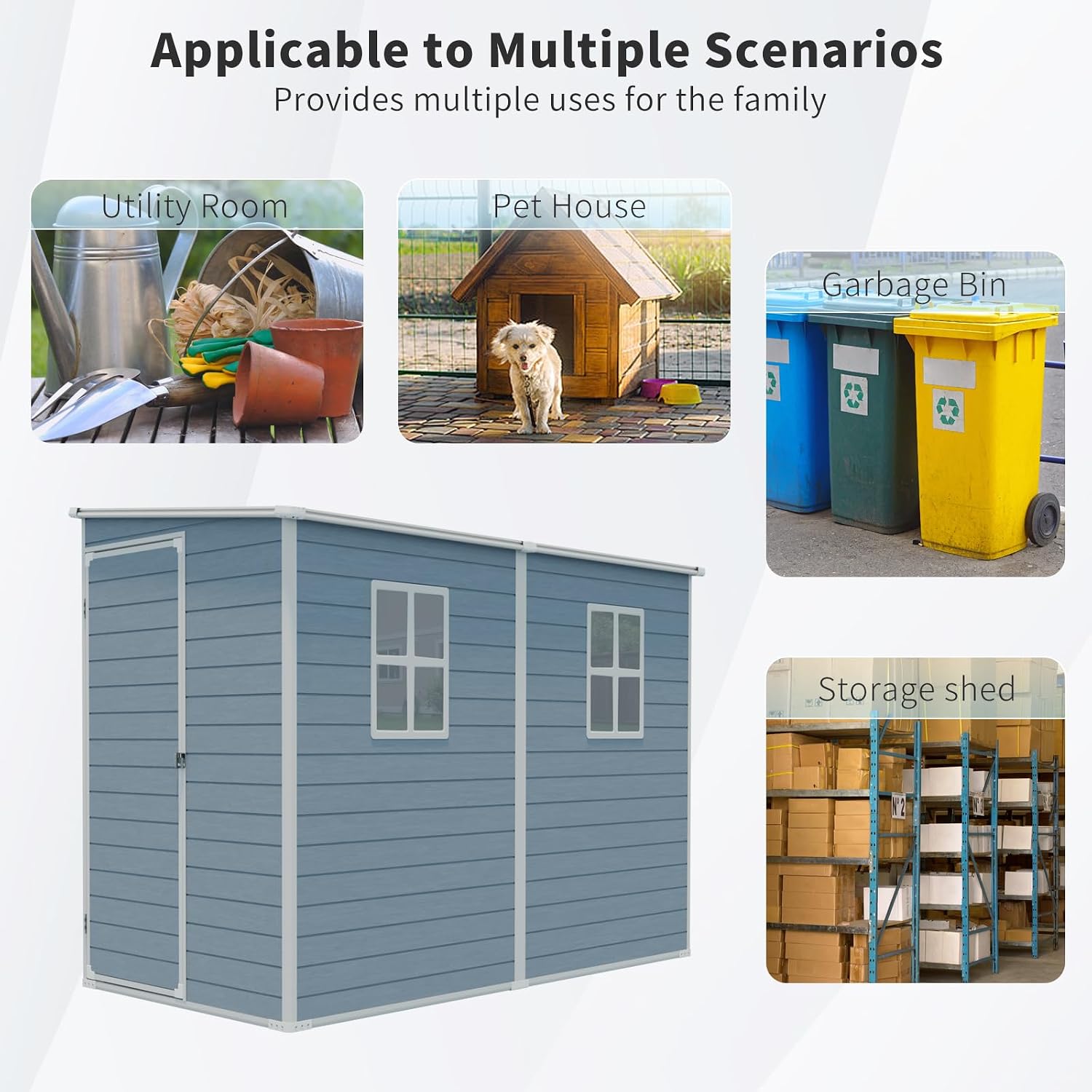 Storage Shed, 4x8ft Outdoor Storage Shed with Floor Included with 2 Windows and Lockable Door, Resin Sheds for House Garden Tools, Bike, Motorcycle, Lawn Mover, Lean to Shed, Grey