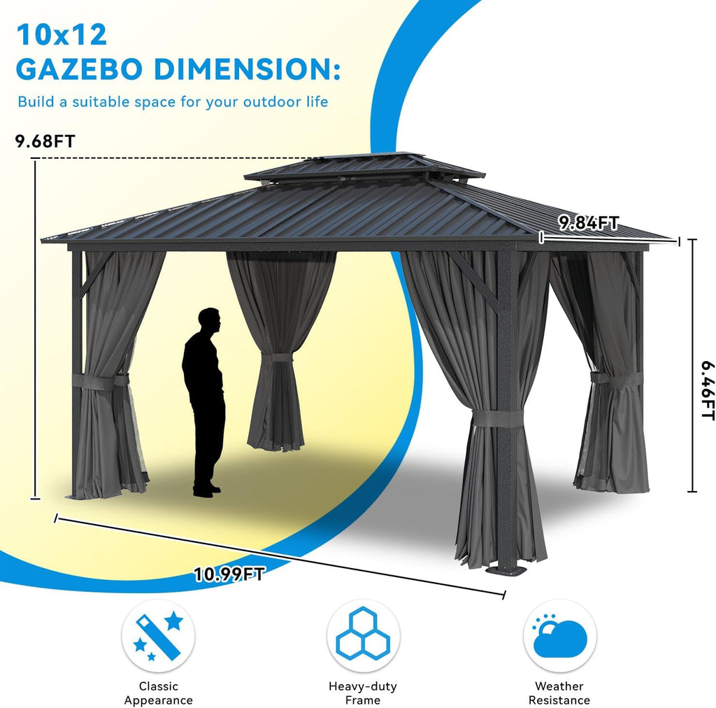10' x 12' Hardtop Gazebo, Aluminum Frame with Double Galvanized Steel Roof, Outdoor Metal Pavilion with Mosquito Netting and Curtains for Patio, Backyard, and Deck