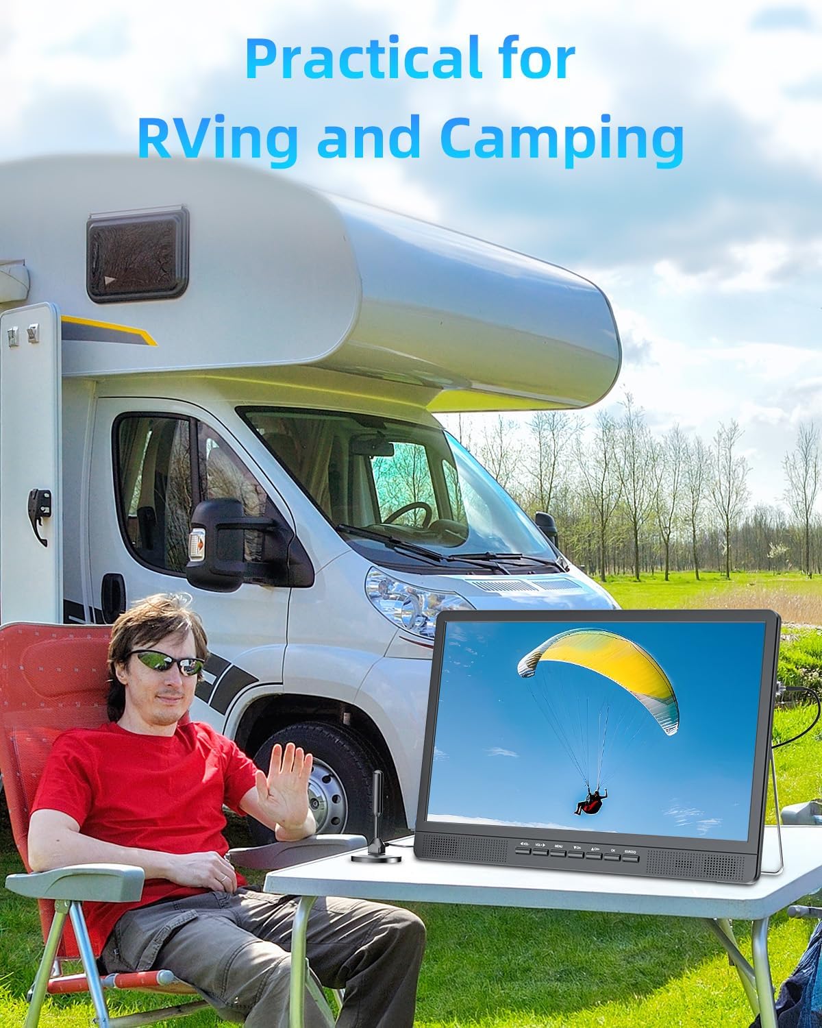 NORTHING 18.5' Portable TV for Outdoor Indoor, Full HD Portable TV for Camping, 6500mAH Built-in Power Operated TV, 12V TV with Antenna/HDMI/USB/AV Input, Small T V for RV Kitchen Patio Boat Car
