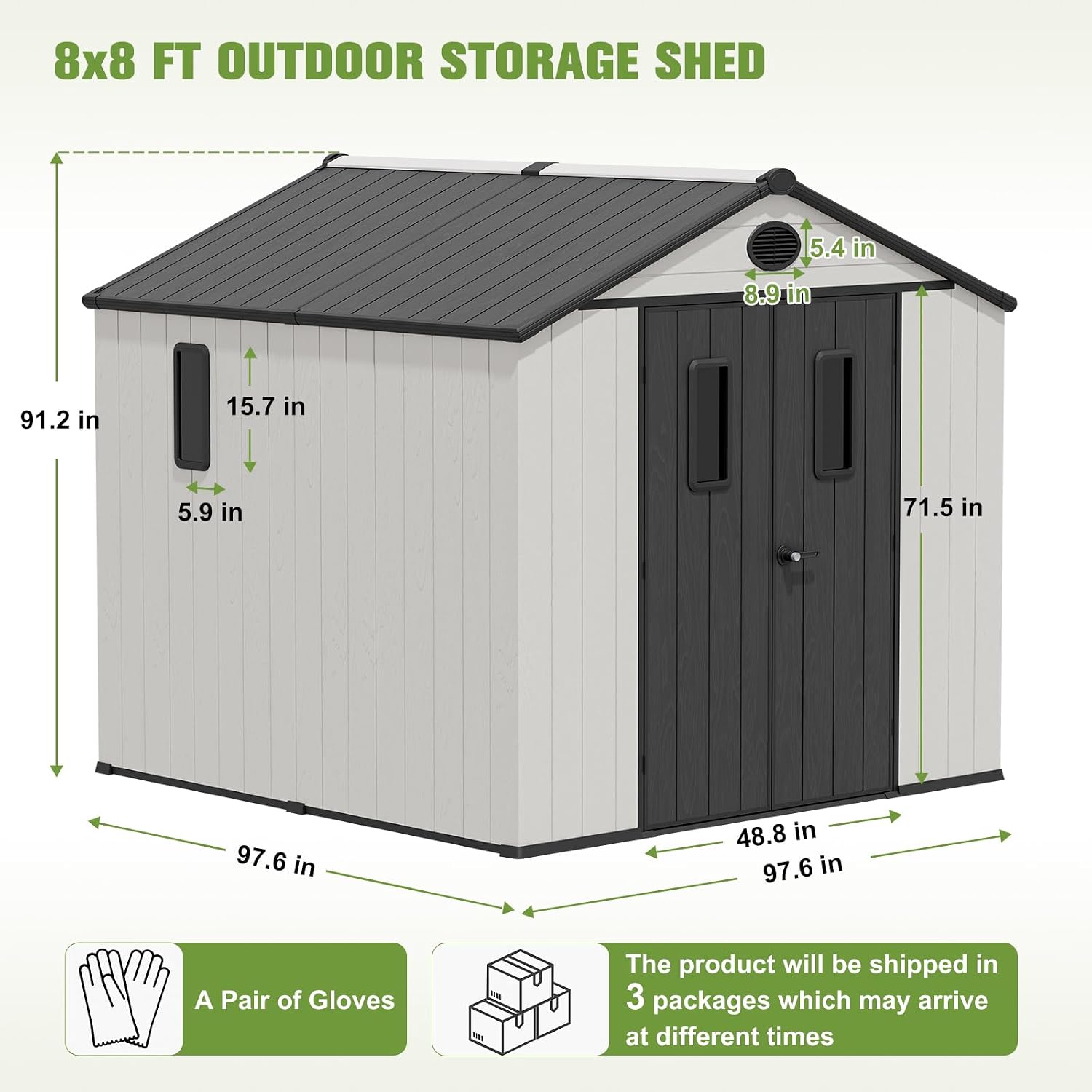 COOS BAY 8x8 Outdoor Storage Shed with Floor, Lockable Doors, All-Weather Resin Garden Tool Shed, White/Gray