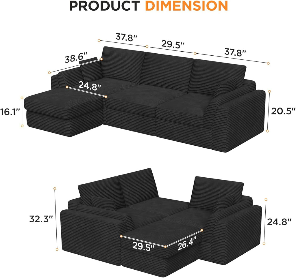 Vabches 106.6' Modular Sectional Sofa with Chaise, Comfy Cloud Sectional Couch, Modern L-Shape Corduroy Sofa with Deep Seat, Upholstered Couches for Living Room Bedroom,No Assembly Required (Black)