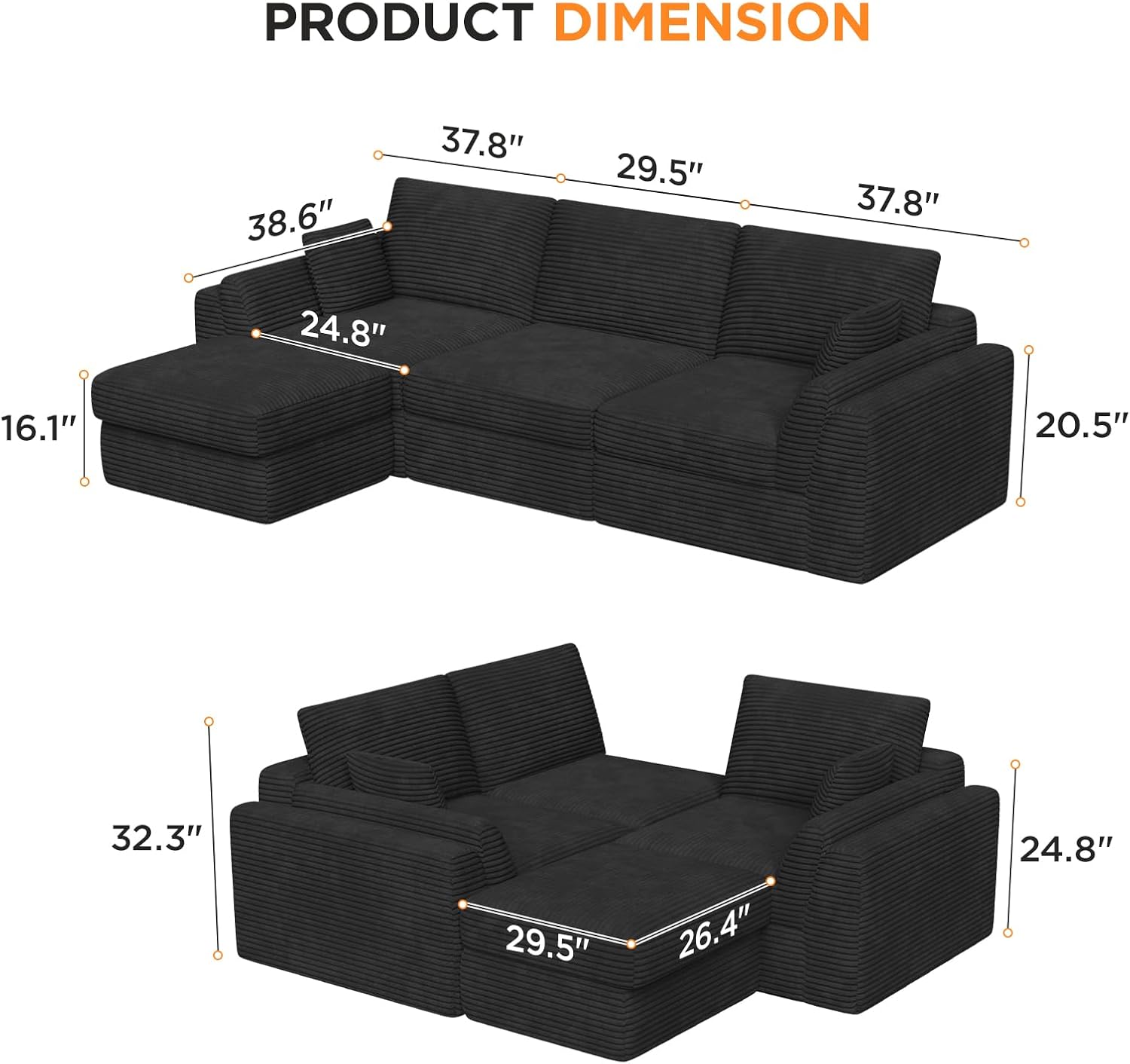 Vabches 106.6' Modular Sectional Sofa with Chaise, Comfy Cloud Sectional Couch, Modern L-Shape Corduroy Sofa with Deep Seat, Upholstered Couches for Living Room Bedroom,No Assembly Required (Black)
