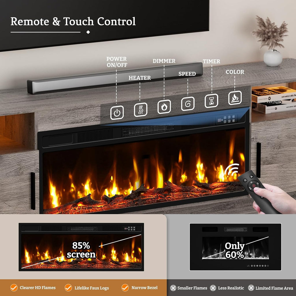 Kucreiheat Fireplace TV Stand for 65-80 inch TV, Large Entertainment Center with Fireplace & LED Lights,High Gloss Living Room Storage Cabinet, Grey, 70''(Log)