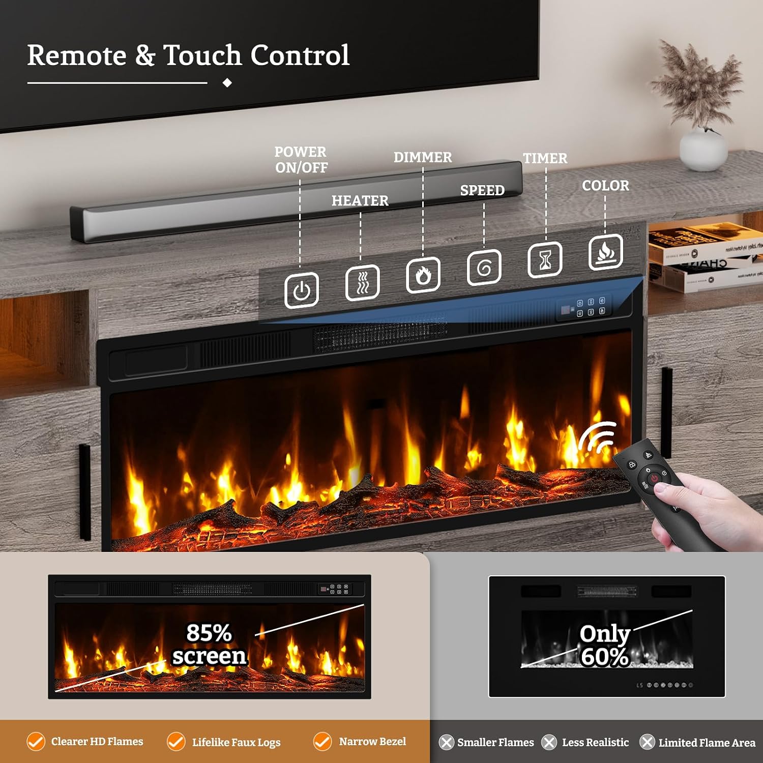Kucreiheat Fireplace TV Stand for 65-80 inch TV, Large Entertainment Center with Fireplace & LED Lights,High Gloss Living Room Storage Cabinet, Grey, 70''(Log)
