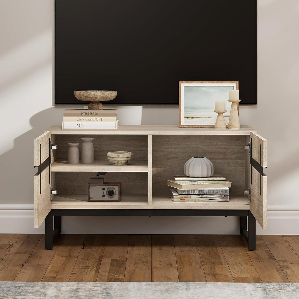 WAMPAT Modern TV Stand for 26-40 Inch TVs, Wood Entertainment Center with Metal Base Storage Cabinets, Media TV Console for Living Room, Light Oak, 1Pcs