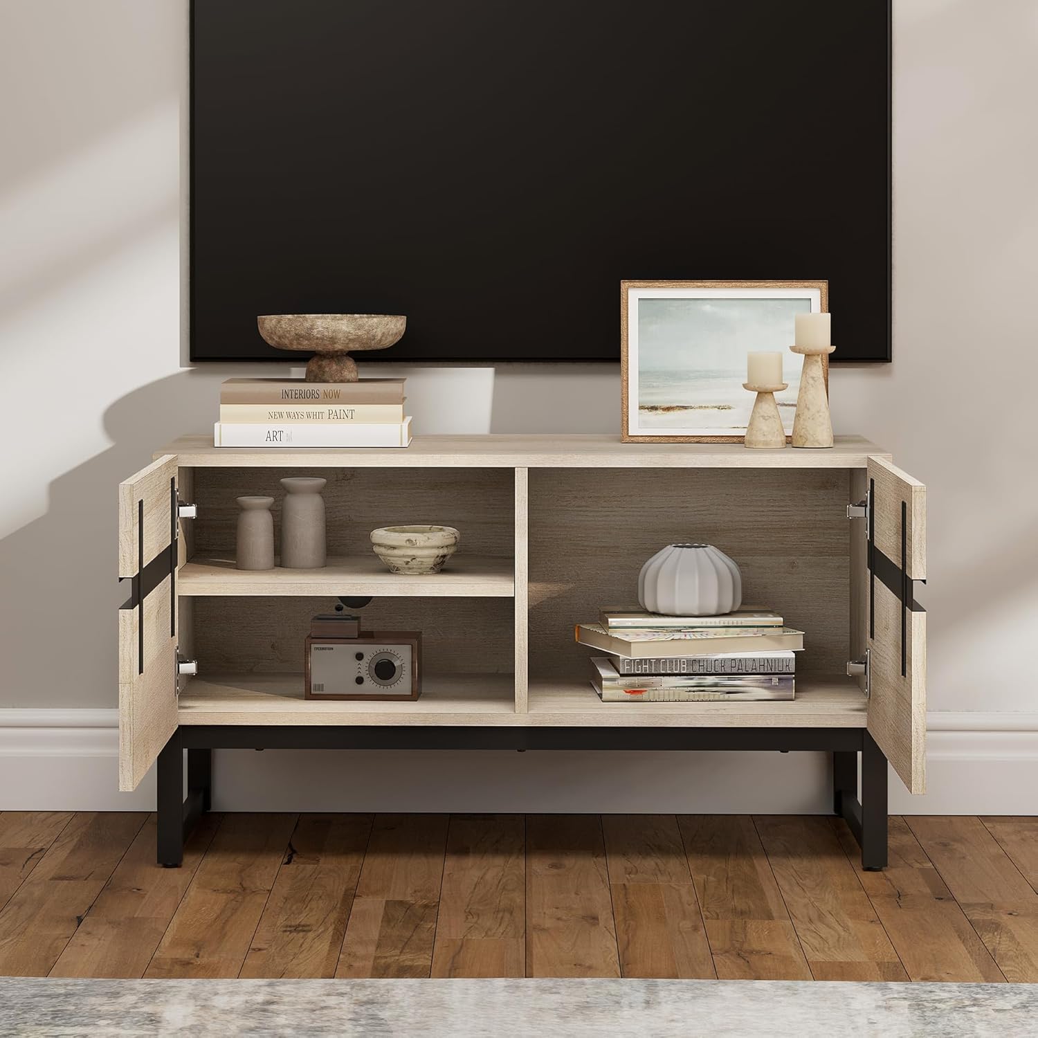 WAMPAT Modern TV Stand for 26-40 Inch TVs, Wood Entertainment Center with Metal Base Storage Cabinets, Media TV Console for Living Room, Light Oak, 1Pcs