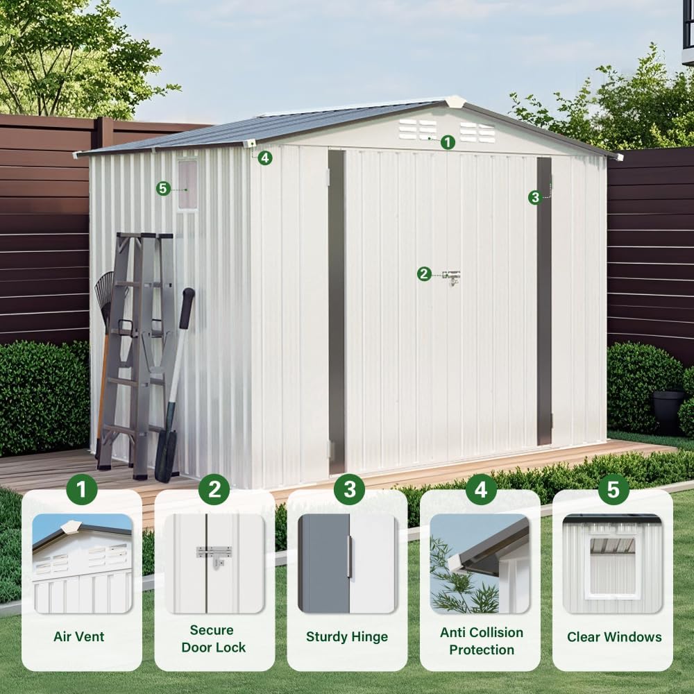8X6 FT Metal Outdoor Storage Shed with Window & Vents, Waterproof Garden Tool Shed with Lockable Door & Pitched Roof, Durable Steel Bike Storage for Yard, Patio, White & Gray