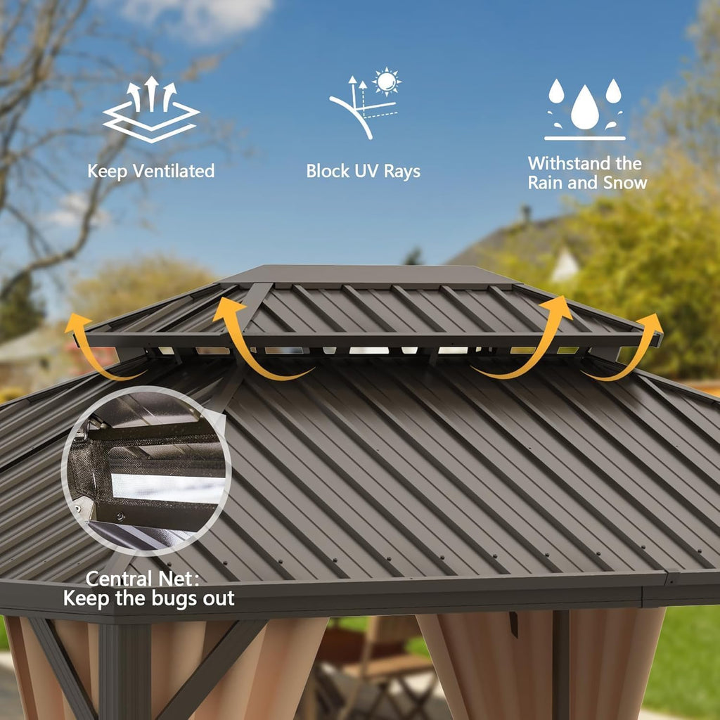 Domi 8'x10' Outdoor Gazebo, Patio Hardtop Gazebo with Galvanized Steel Double Roof, for Patio, Deck, Backyard, Curtain and Netting Included, Brown