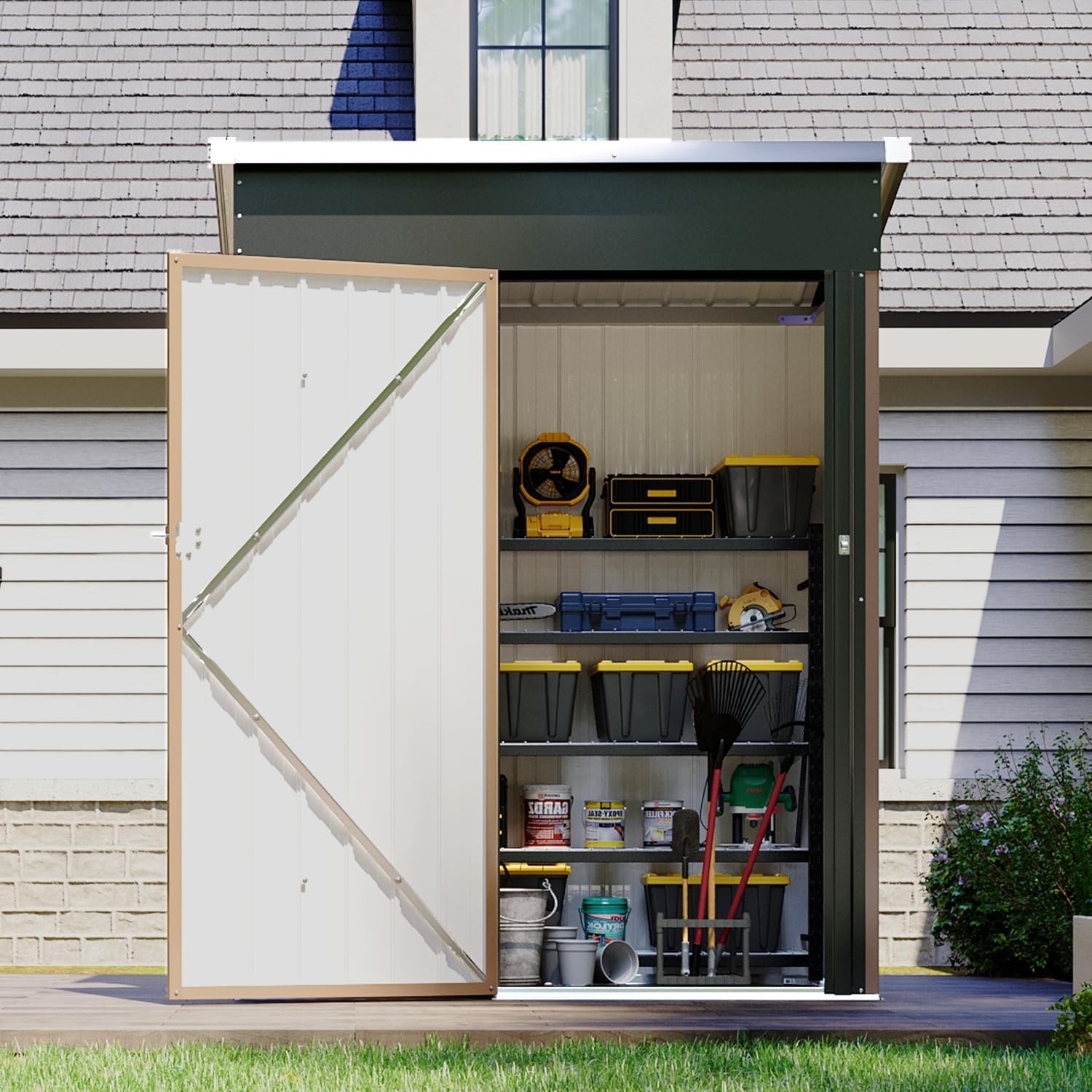 4.6 x 2.5 FT Outdoor Storage Shed – Metal Shed for Trash Can, Tools, Garden Equipment, and Bikes – Brown