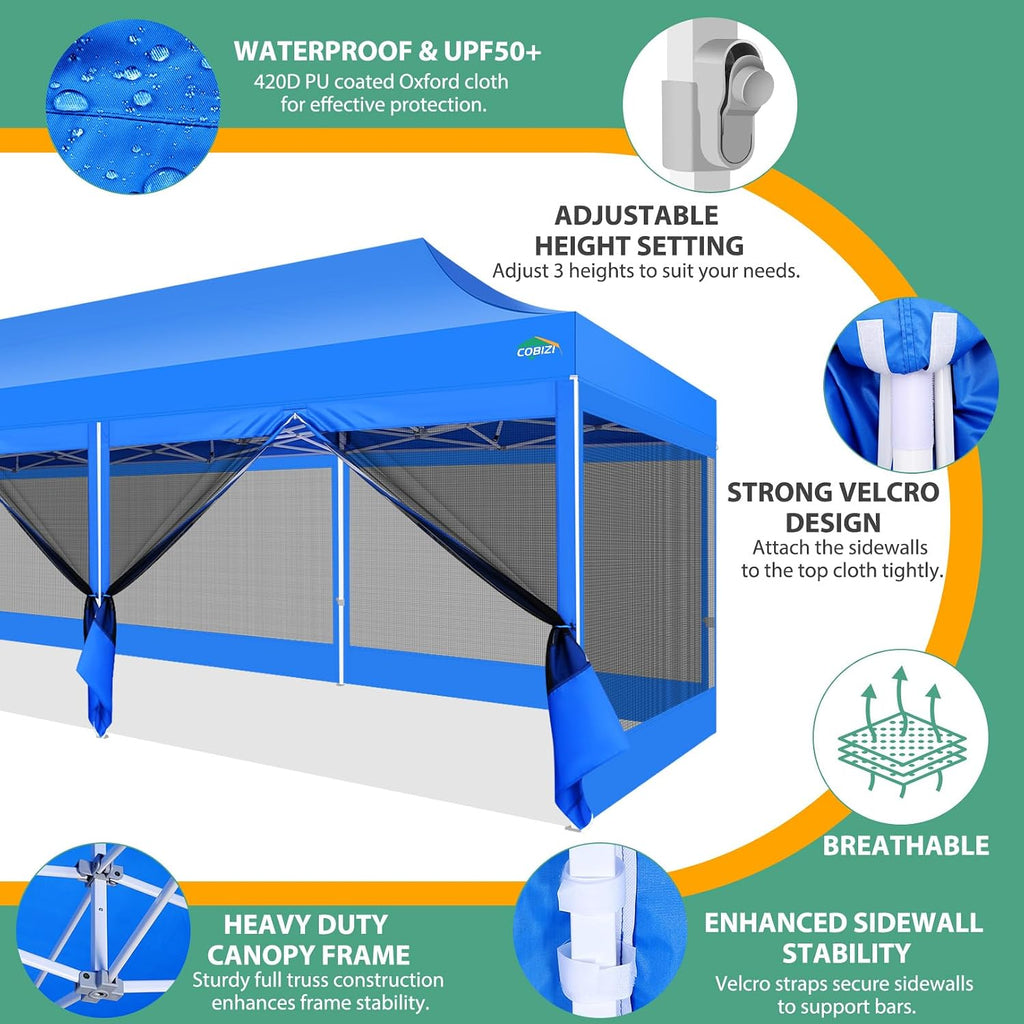 COBIZI 10x30 Pop Up Canopy with Sidewalls, Heavy Duty Canopy with Mosquito Netting, Easy up Screen Party Tents for Parties Backyard Outdoor Commercial Event Gazebo with Roller Bag, Sandbags, Blue