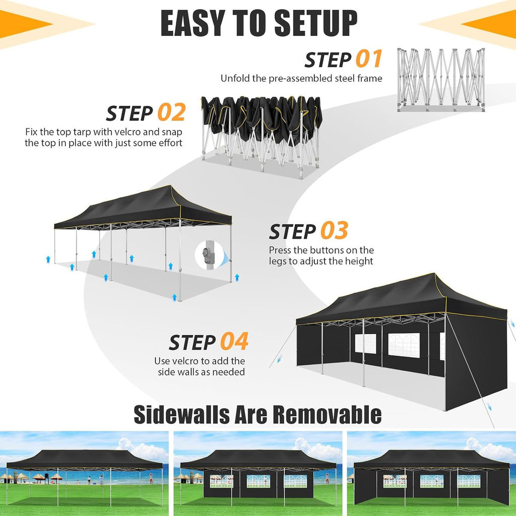 HOTEEL 10x30 Heavy Duty Pop Up Canopy Tent with 5 Sidewalls&Wheeled Bag, Commercial Event Party Tent Wedding Instant Canopy Waterproof, Upgraded Thicked Hexagonal Legs, UV 50+, Black