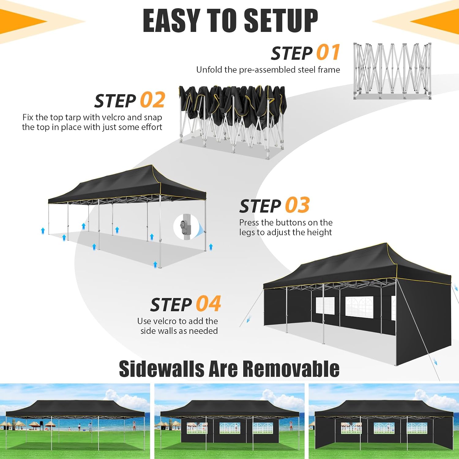 HOTEEL 10x30 Heavy Duty Pop Up Canopy Tent with 5 Sidewalls&Wheeled Bag, Commercial Event Party Tent Wedding Instant Canopy Waterproof, Upgraded Thicked Hexagonal Legs, UV 50+, Black
