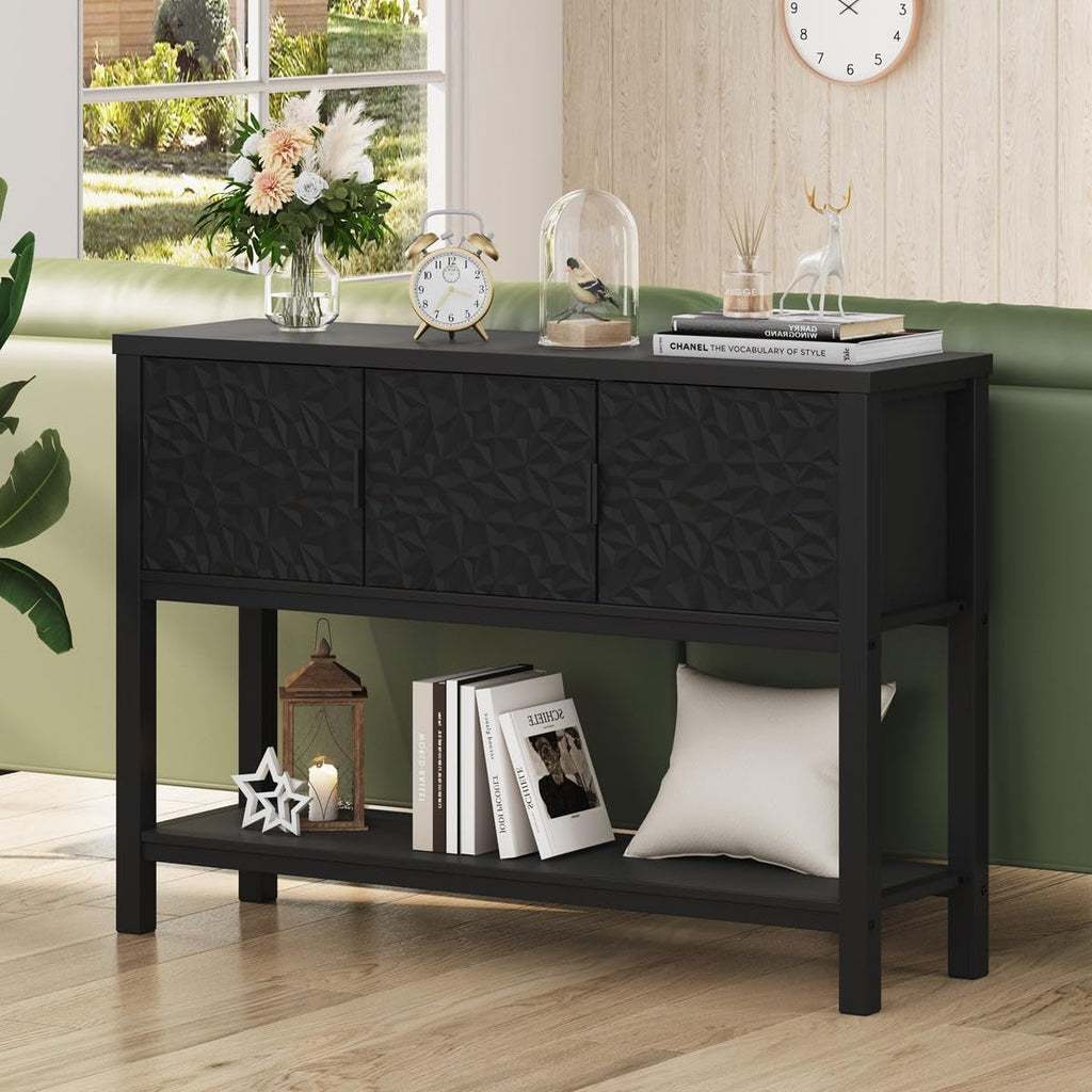 FATORRI Black Console Table with Storage, 47' Modern Farmhouse Entryway Table with 3 Geometric Doors, Sofa Table for Hallway, Living Room, Foyer