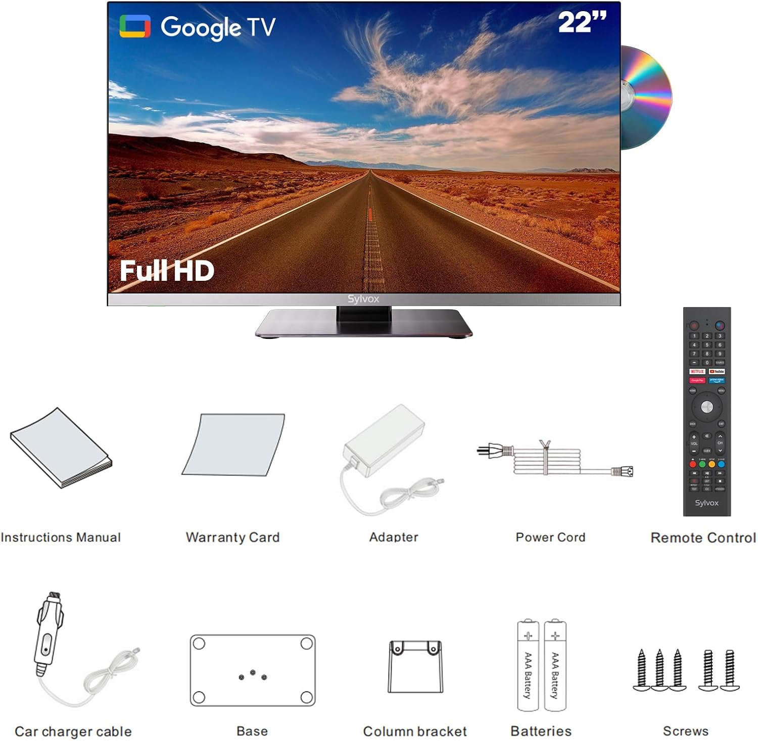 SYLVOX Smart RV TV, 22inch TVs with DVD Player Built-in, 12 Volt for RV Camper 1080P FHD, Google Smart Free Download APPs, Support WiFi Bluetooth, 2 HDMI & 2 USB, AC/DC Powered, Frameless Design