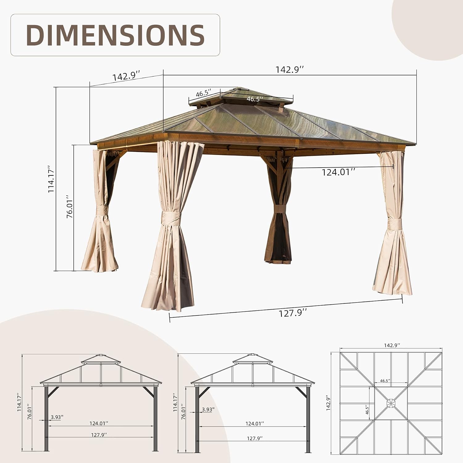 Domi Outdoor Living 12' x 12' Hardtop Gazebo, Wooden Coated Aluminum Frame Canopy with Polycarbonate Double Roof, Outdoor Permanent Metal Pavilion with Curtains and Netting for Patio, Deck and Lawn