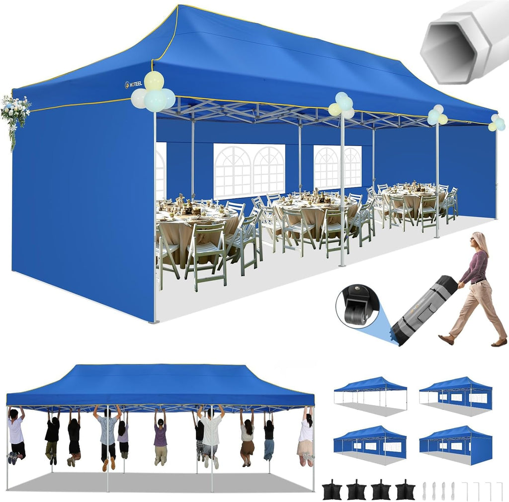 HOTEEL 10x30 Heavy Duty Pop Up Canopy Tent with 5 Sidewalls&Wheeled Bag, Commercial Event Party Tent Wedding Instant Canopy Waterproof, Upgraded Thicked Hexagonal Legs, UV 50+, Blue