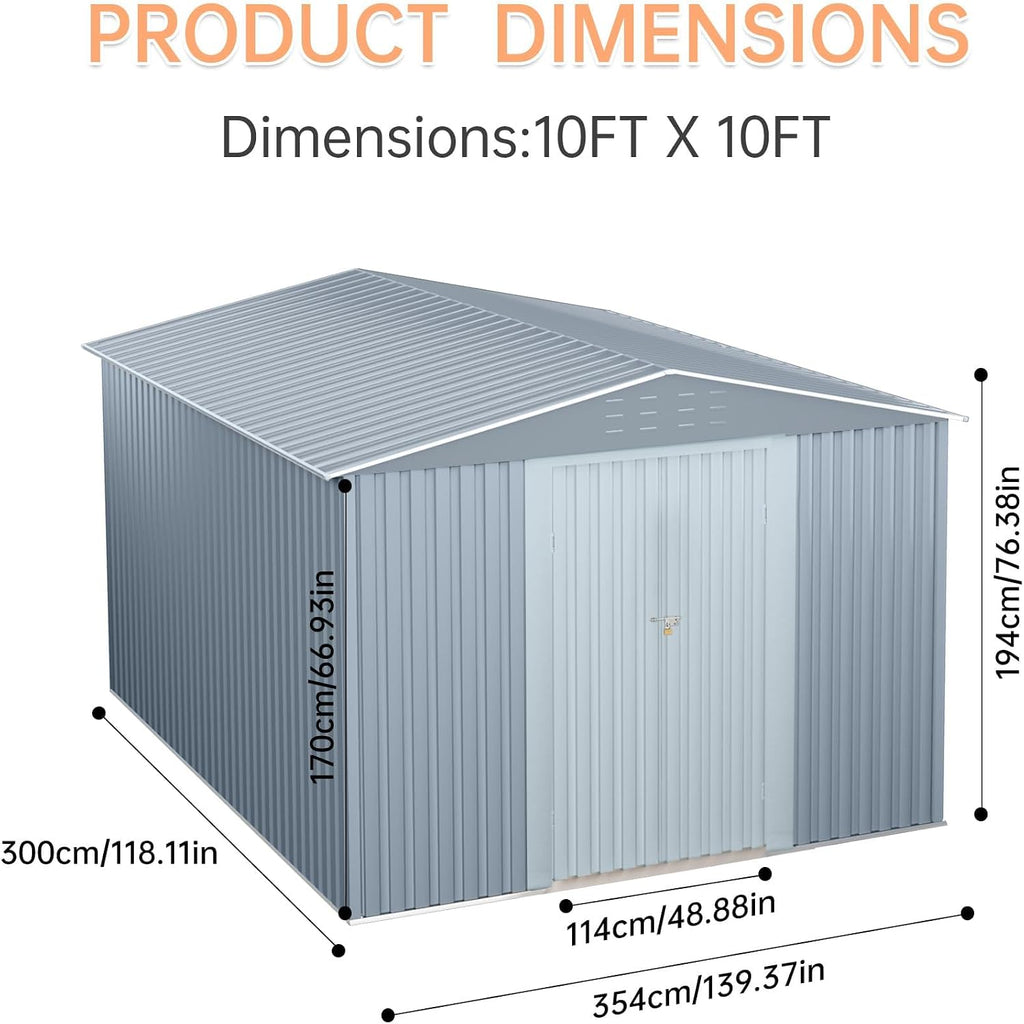 Outdoor Storage Shed 10 X 10 FT, Large Metal Storage Sheds, with Reinforced Sloping Roo, Door Lock, Waterproof, for Backyard, Garden Patio Lawn
