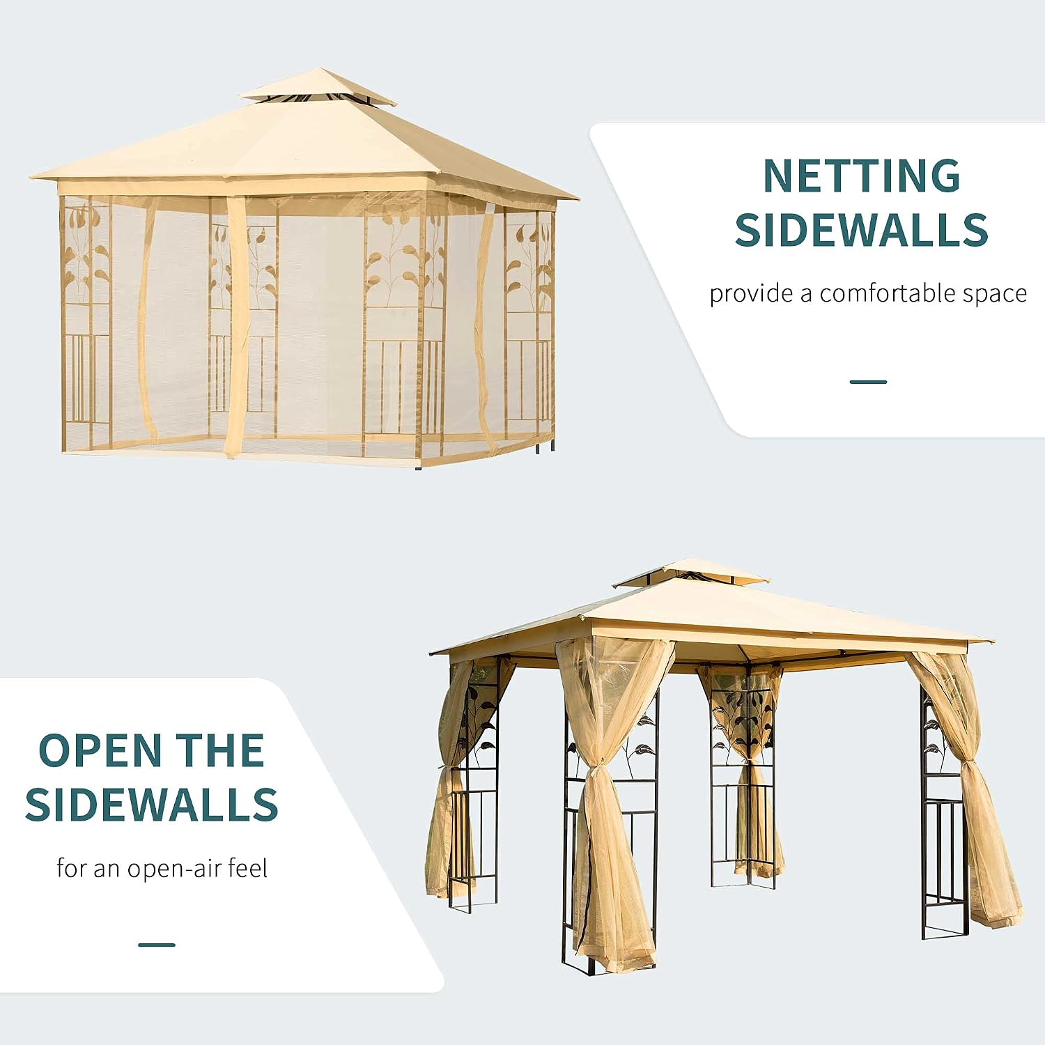 Outsunny 10' x 10' Metal Patio Gazebo, Double Roof Outdoor Gazebo Canopy Shelter with Tree Motifs Corner Frame and Netting, for Garden, Lawn, Backyard, and Deck, Beige