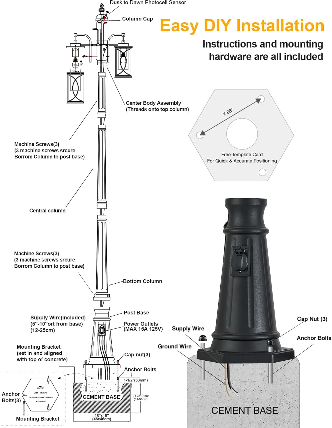 Dusk to Dawn Outdoor Lamp Post Light Modern 2-Head Street Pole Light Fixtures with Outlet, Waterproof Black Outside Street Light Electric Lantern for Backyard, Garden Patio Driveway