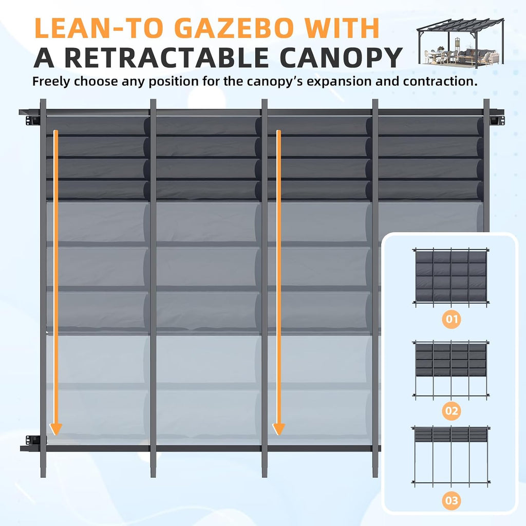 AECOJOY Retractable 10' x 14' Gazebo Pergola for Patio, Adjustable Sun Shade Canopy Roof, Small Wall-Mounted Lean to Outdoor Pergolas and Gazebos Clearance, Metal Awnings for Decks, Patio