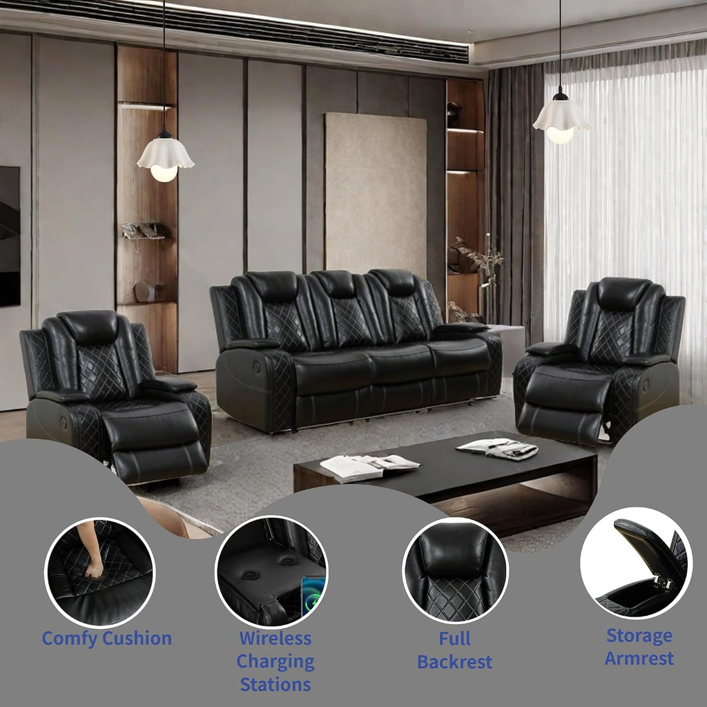 Power Recliner Set with LED Lights, Air Leather Reclining Set with USB Port/Wireless Charger/Storage Console/Cup Holder for House/HomeTheater/Apt (Black, Sofa+2Chairs)