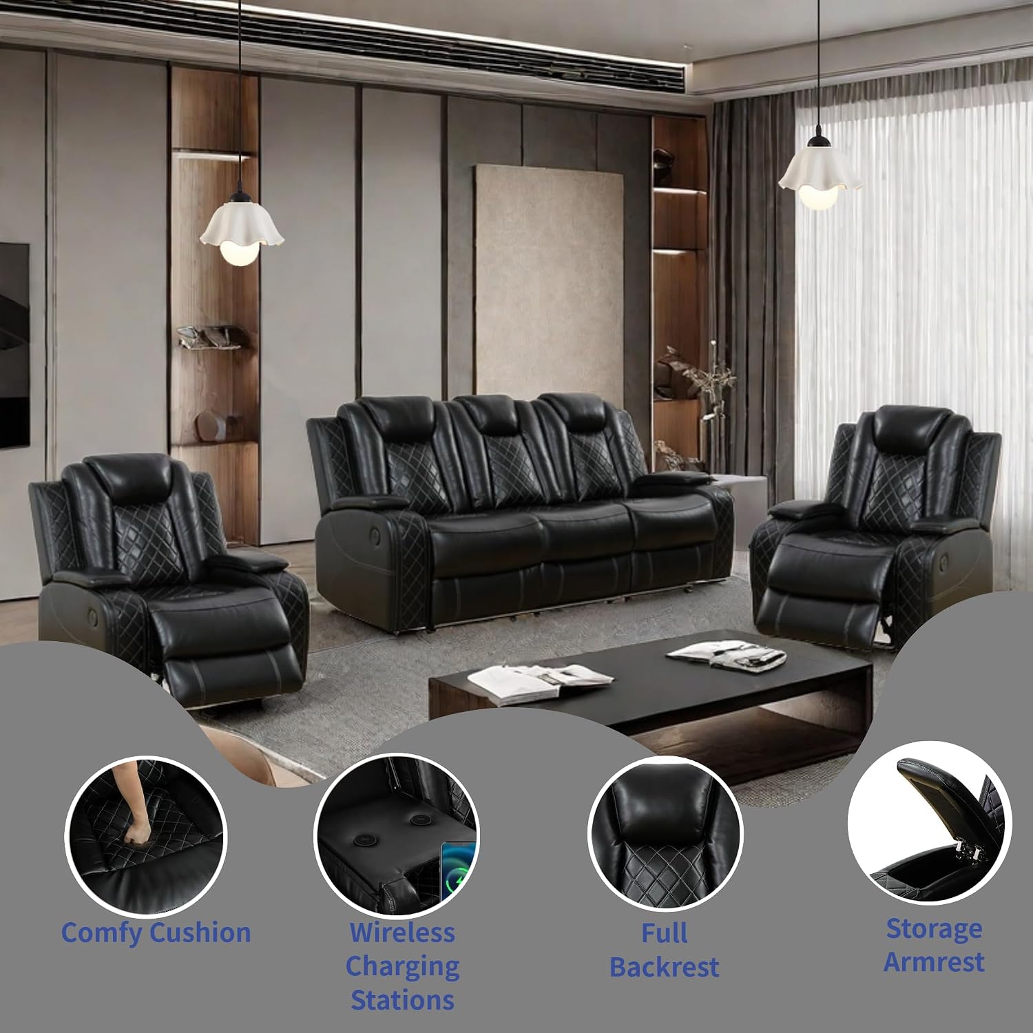 Power Recliner Set with LED Lights, Air Leather Reclining Set with USB Port/Wireless Charger/Storage Console/Cup Holder for House/HomeTheater/Apt (Black, Sofa+2Chairs)