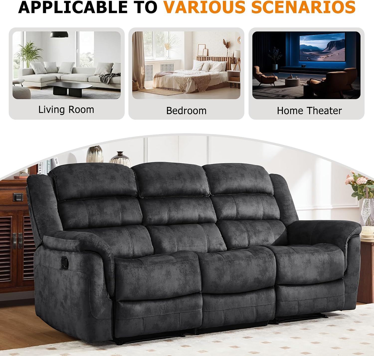 EBELLO 3 Pieces Reclining Living Room Set, Soft Fabric Manual Recliner Sofa Furniture Set, Includes 2 Overstuffed Recliner Chairs and one 3 Seat Sofa, Grey