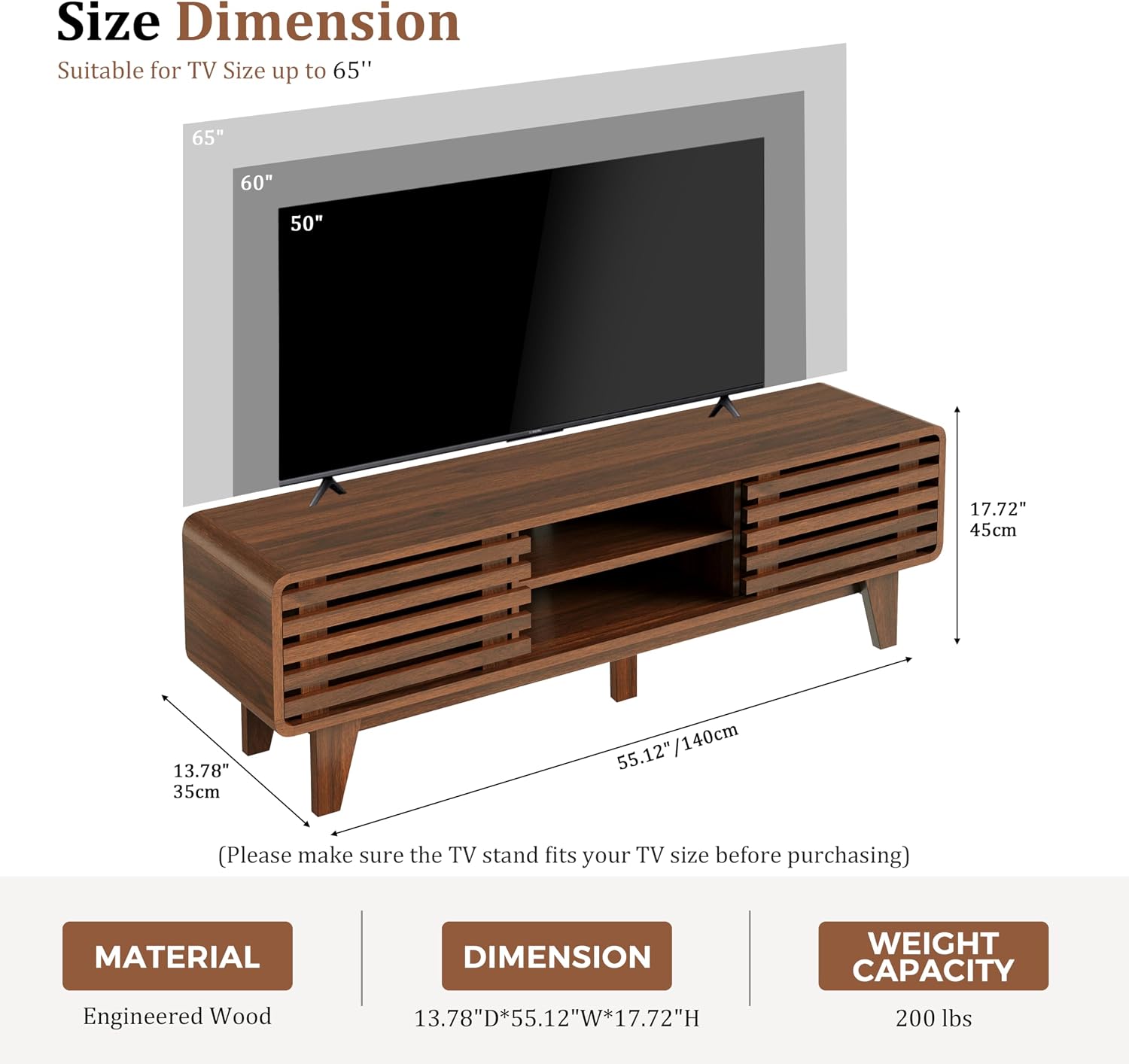 Luoxiao 55' Mid Century Modern TV Stand for 55 60 65 Inch TV, Walnut Media Console with Slatted Sliding Doors, Retro Wood Entertainment Center with Storage Shelves for Living Room, Bedroom