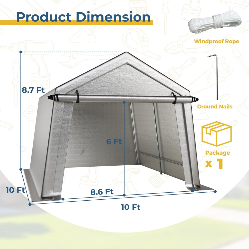 LINKHOO 10 x 10 FT Carport, Portable Shed w/220G Heavy Duty Waterproof PE Tarp, Roll-up Zipper Door & Vent, Weather-Resistant Storage Shed for Motorcycle, Bike and Tools, Gray