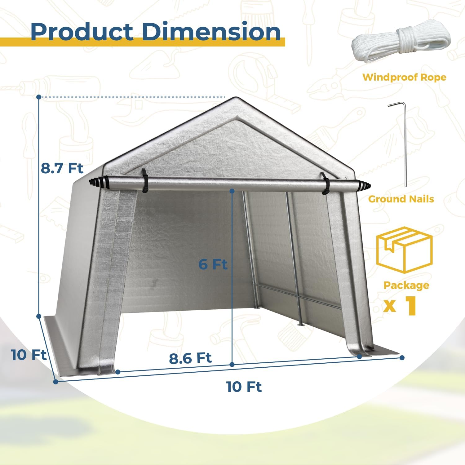 LINKHOO 10 x 10 FT Carport, Portable Shed w/220G Heavy Duty Waterproof PE Tarp, Roll-up Zipper Door & Vent, Weather-Resistant Storage Shed for Motorcycle, Bike and Tools, Gray