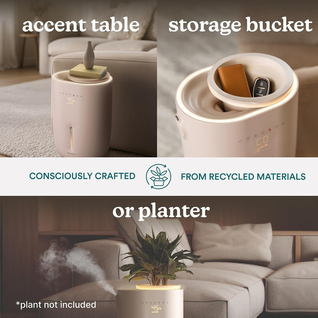 Homedics Natura Ultrasonic Warm & Cool Mist Humidifier, 1.3-Gal for Large Rooms, 60-Hr Runtime, Plant Holder, Programmable Humidity, Auto Shutoff, Nightlight Small Pot Compatible(Plant Not Included)