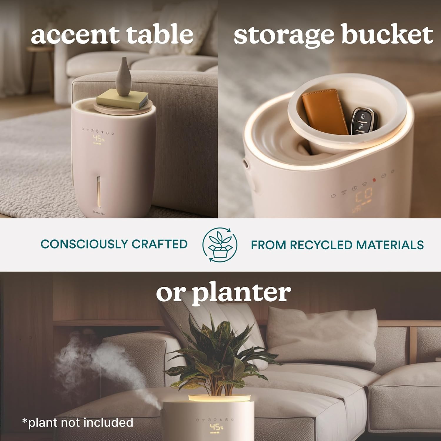 Homedics Natura Ultrasonic Warm & Cool Mist Humidifier, 1.3-Gal for Large Rooms, 60-Hr Runtime, Plant Holder, Programmable Humidity, Auto Shutoff, Nightlight Small Pot Compatible(Plant Not Included)